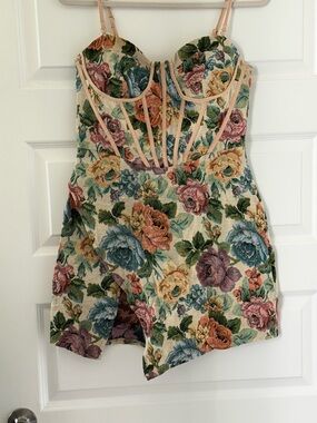 Floral Bustier Dress in Cream with Multicolor Roses